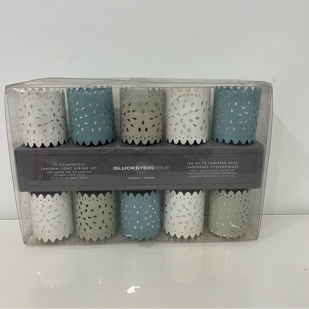 Gluckstein Home 10 Cylindrical Lantern Light String Set NIP White Grey Blue 94”